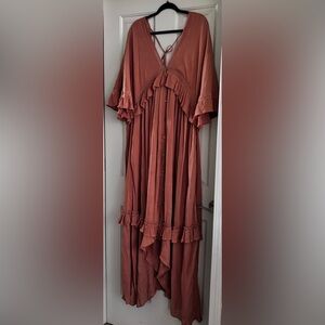 Free People Paradiso Ruffles Duster Maxi Dress endless summer sandstorm color XL